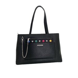 Love Moschino Multicolor Hearts Chain Vegan Black Leather Shoulder bag